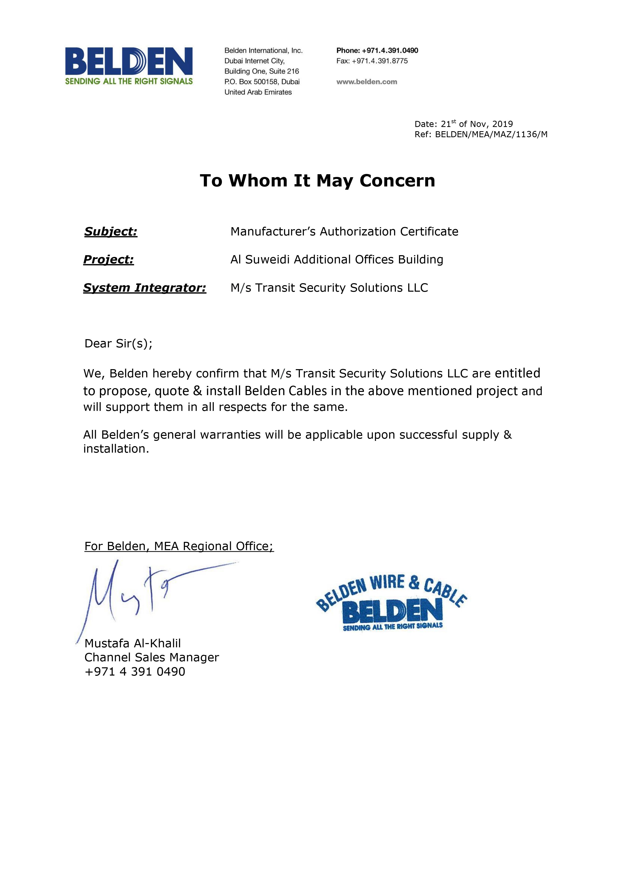 Belden- Manufacturer's Authorization Certificate 
