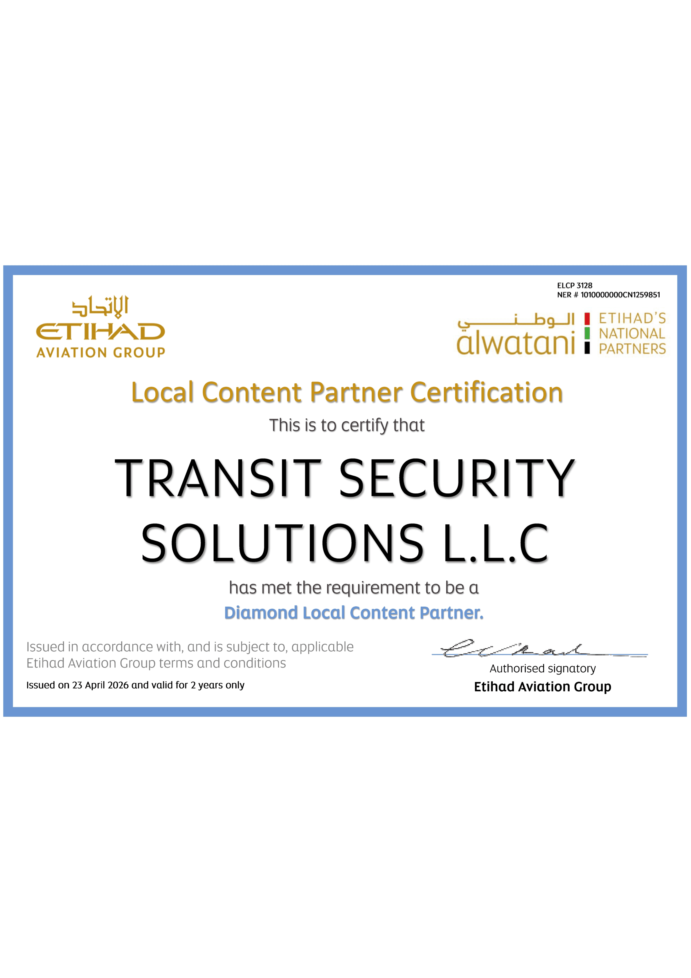 Etihad Diamond Local Content Partner Certificate