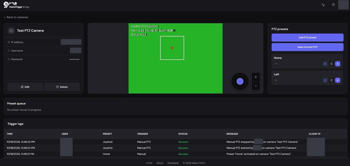 Operator camera page with PTZ presets, joystick and trigger log