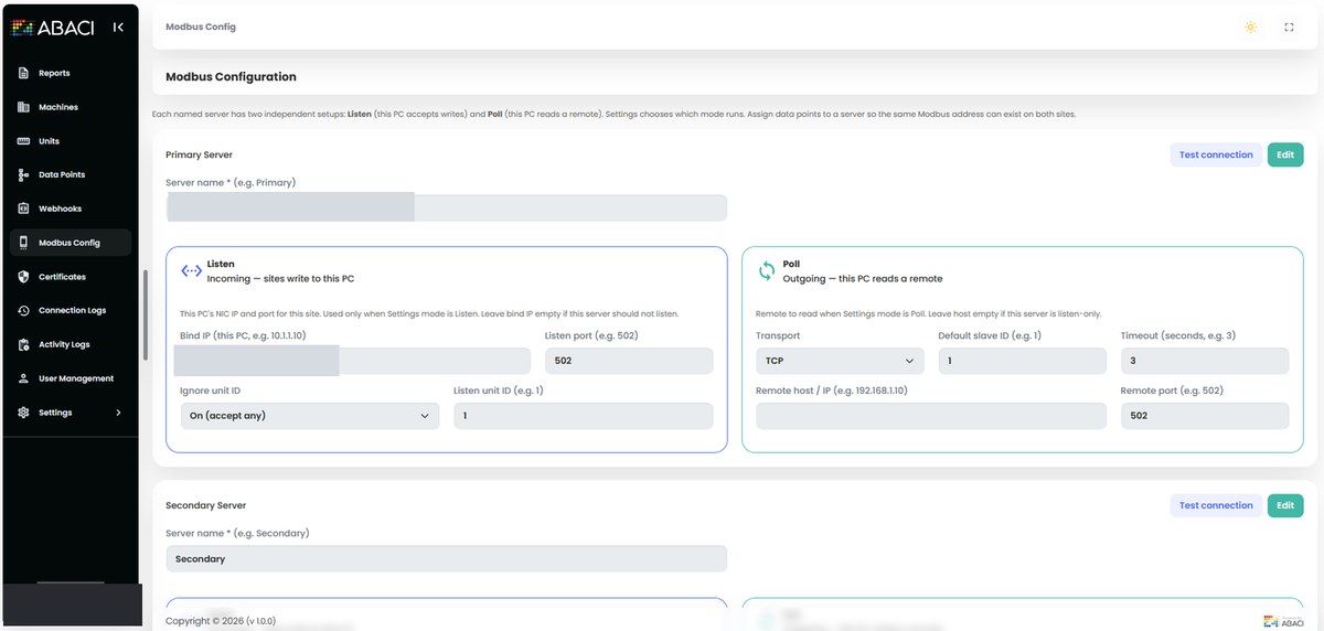 Modbus configuration screen with Listen and Poll settings for a plant network